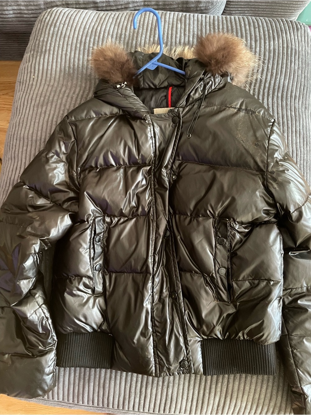 Moncler Kids Black Shiny Puffer Jacket with Fur Trim Hood
